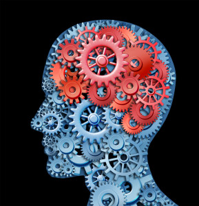 Human brain function represented by red and blue gears